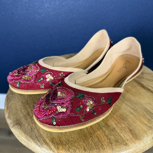 Fuchsia "Marigold" Burgundy Embellished Flats, NIB, Size 10 WIDE - Picture 1 of 7